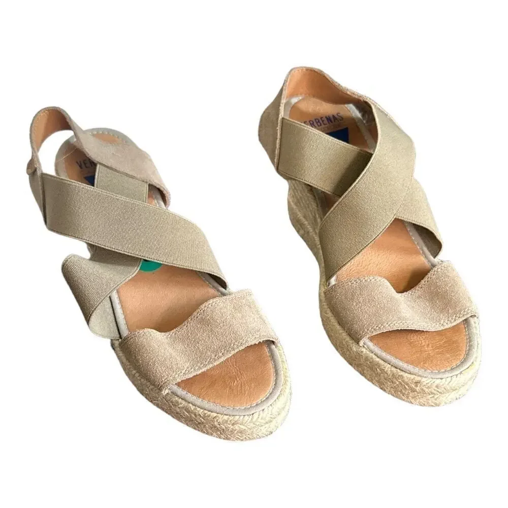 Verbenas Silva Serraje Piedra Open Toe Espadrille Cross Strap Wedges size 8‌